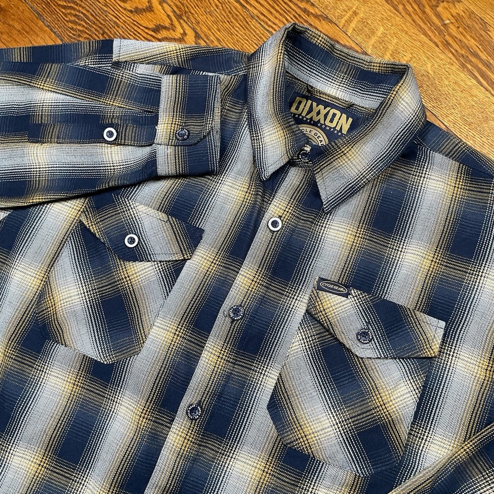 Dixxon Cycle Gear 50th Anniversary Flannel Shirt Mens Large L Blue Gold D-Tech